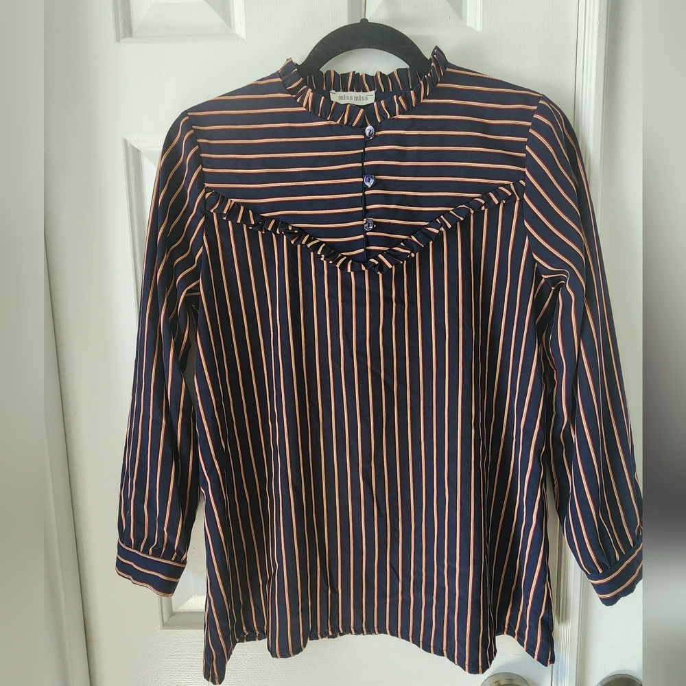 Miss Miss Striped Blouse Size M Navy Blue Maroon Cream